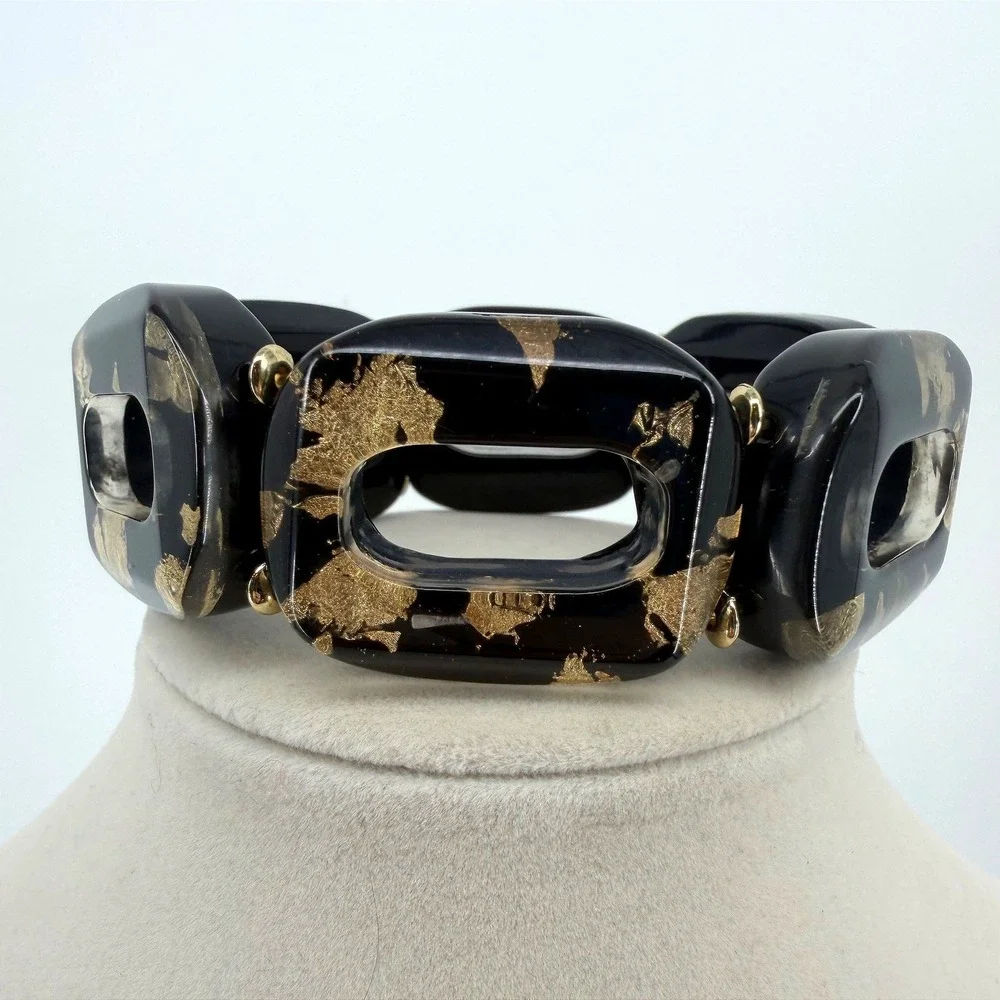 Black and Gold Leaf Resin Chunky Stretch Bracelet Statement Rectangular Link